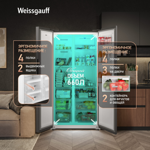 ��������������� ����������� � ���������� Weissgauff WSBS 600 NoFrost Inverter Dark Grey