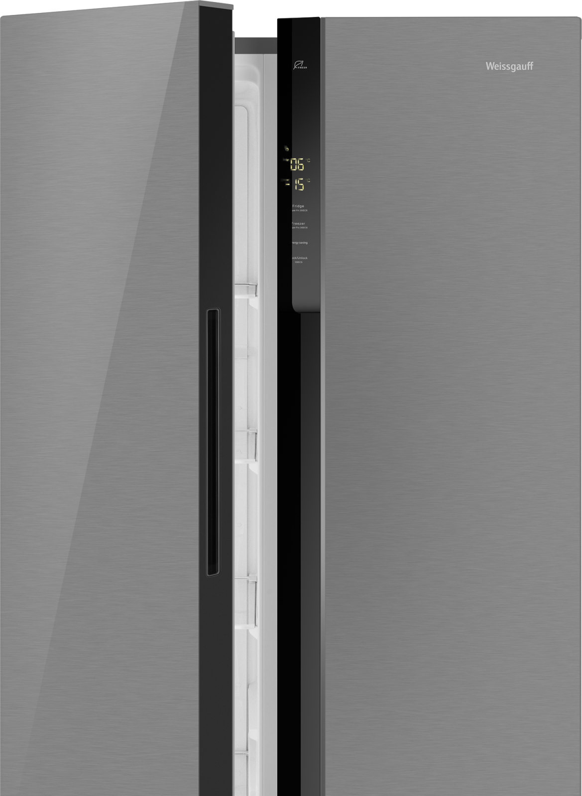Отдельностоящий холодильник с инвертором Weissgauff WSBS 500 Inverter  NoFrost Inox Glass