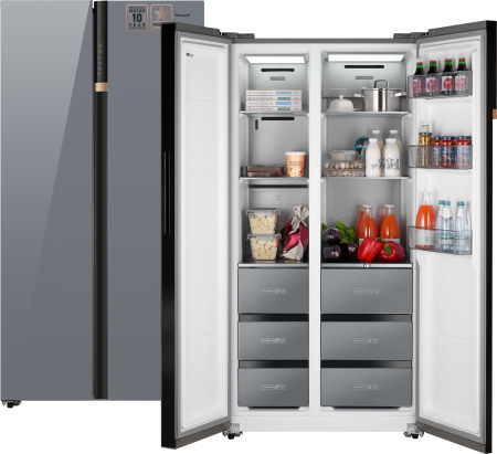 Отдельностоящий холодильник с инвертором Weissgauff WSBS 590 NoFrost Inverter Premium Dark Grey Glass