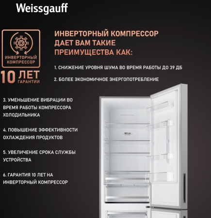 Отдельностоящий холодильник с инвертором Weissgauff WRK 2000 D Full NoFrost Inverter Grey Glass