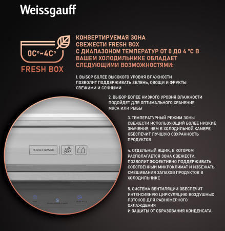 Отдельностоящий холодильник с инвертором Weissgauff WCD 590 Nofrost Inverter Premium Biofresh Black Glass